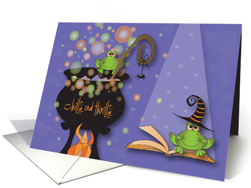 Hand Lettered Frogs Creating Spells with Bubbling Witch Cauldron card