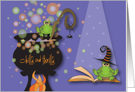 Hand Lettered Frogs Creating Spells with Bubbling Witch Cauldron card