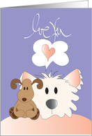 Hand Lettered Love You with Fluffy Dog and Stuffed Toy with Pink Heart card