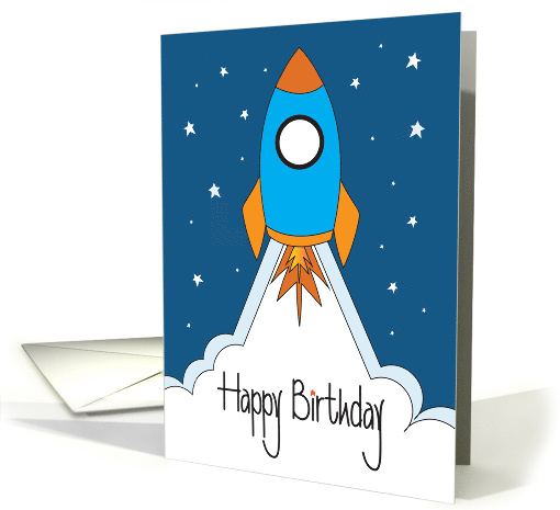 Hand Lettered Birthday for Boys with Orange and Blue Rocket Ship card