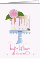 Hand Lettered May Friend Birthday Rose Decorating Cake on Cake Stand card