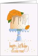Hand Lettered Friend August Birthday Cake with Poppies on Cake Stand card
