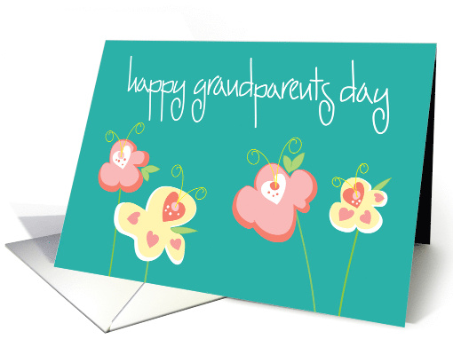 Hand Lettered Grandparents Day on Teal Green with Bright Flowers card