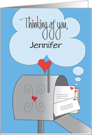 Hand Lettered Thinking of You Envelopes in Mailbox with Custom Name card