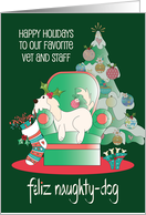 Hand Lettered Feliz Naughty Dog with Dog in Chair for Vet and Staff card