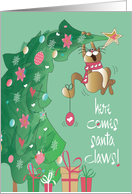 Hand Lettered Santa Claws Cat and Tree Christmas for Vet and Staff card