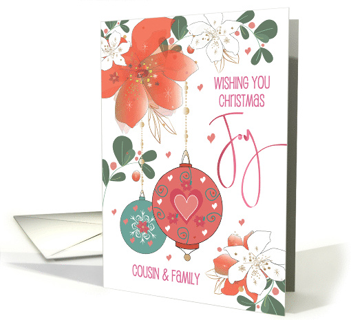 Hand Lettered Christmas Joy Two Ornaments for Cousin and Family card
