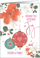 Hand Lettered Christmas Joy Two Ornaments for Cousin and Family card