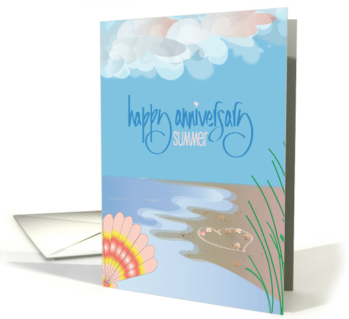 Hand Lettered Happy Anniversary Summer Season Beach Heart in Sand card