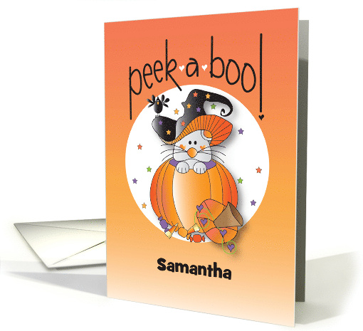 Hand Lettered Halloween Peek a Boo Mouse in Pumpkin Custom Name card