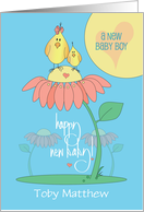 Hand Lettered New Baby Boy Mom and Baby Bird on Flower Custom Name card