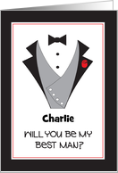 Be My Best Man Invitation with Tuxedo and Red Rose with Custom Name card