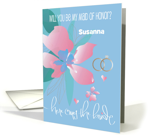 Be My Maid of Honor Invitation with Rings and Flowers Custom Name card