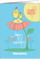 Hand Lettered New Baby Girl with Mom and Baby Bird and Custom Name card