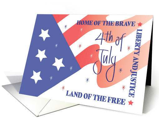 Hand Lettered 4th of July with Waving US Flag Stars and Stripes card
