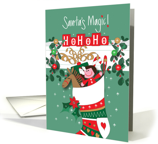 Hand Lettered Christmas Santa's Magic Striped Stocking with Toys card