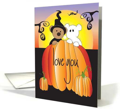Hand Lettered Halloween Love You Witch and Ghost Bears in Pumpkin card