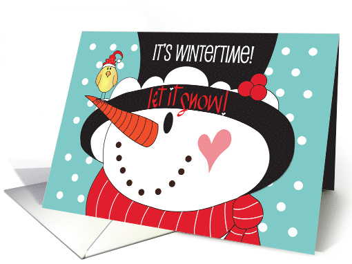 Hand Lettered Winter Season with Large Snowman in Hat with Bird card