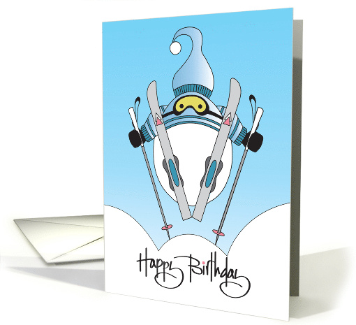 Hand Lettered Birthday with Skier Jumping Spread Eagle on Poles card