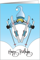 Hand Lettered Birthday with Skier Jumping Spread Eagle on Poles card