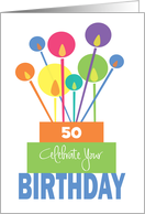 Hand Lettered Birthday with Stacked Cake Skewed Candles Custom Age card