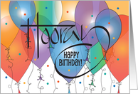 Hand Lettered Hooray Birthday with Colorful Balloons and Confetti card