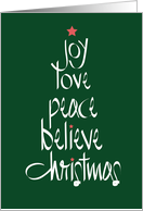 Hand Lettered Christmas Tree Word Art Joy Love Peace Believe Christmas card