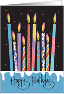 Hand Lettered Birthday with Skewed Decorated Candles on Frosted Cake card
