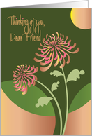 Hand Lettered Thinking of You Friend with Pink Orange Chrysanthemum card
