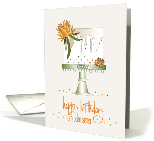 Hand Lettered Birthday Sister October Birth Flower Cake Calendula card