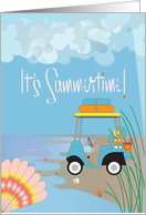 Hand Lettered Summertime Beach Golf Cart Loaded for Day at Beach card