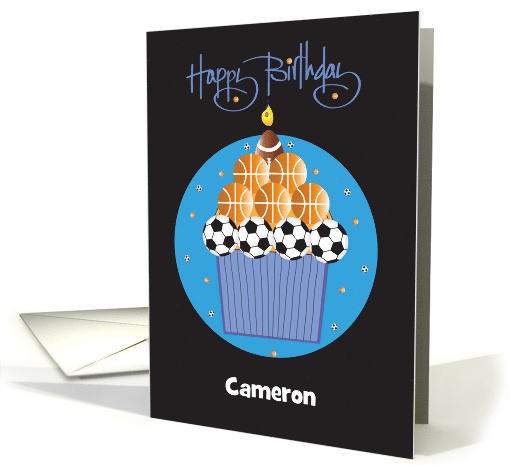 Hand Lettered Teen Birthday Sports Balls Cupcake with Custom Name card