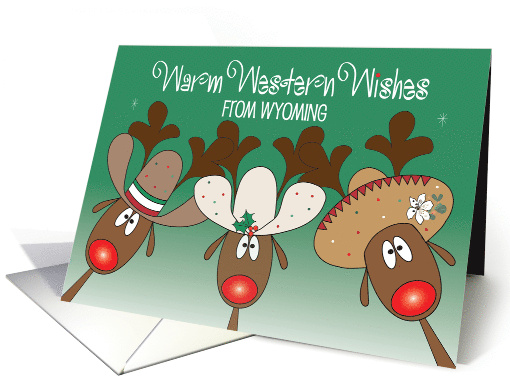 Warm Western Country Wishes from Wyoming Reindeer in Cowboy Hats card
