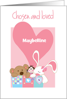 Hand Lettered Adoption for Girl Toys in Chest and Custom Name in Heart card