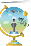 Hand Lettered Birthday for Travel Agent Globe with Cruise Ship and Jet card