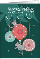 Hand Lettered Christmas Season’s Greetings Mice Playing on Ornaments card