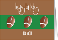 Hand Lettered Birthday for Football Player Three Footballs in Stripes card