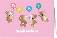 Hand Lettered New Baby Girl Bears Baby Balloons with Custom Name card
