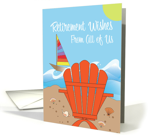 Hand Lettered Retirement Wishes From All of Us Chair Along Beach card