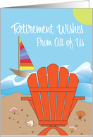 Hand Lettered Retirement Wishes From All of Us Chair Along Beach card