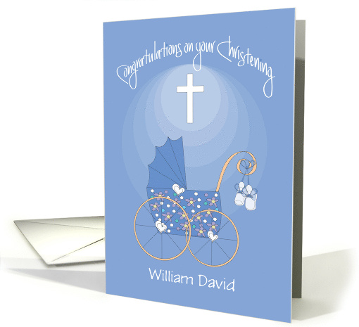 Hand Lettered Christening Baby Boy Blue Floral Stroller... (1881344)