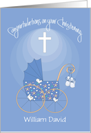 Hand Lettered Christening Baby Boy Blue Floral Stroller Custom Name card