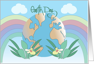 Hand Lettered Earth Day World with Rainbow and Green Plants Flowers card