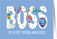 Male Boss’s Day Large Letters Full of Balloons Papers and Coffee card