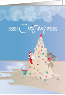Hand Lettered Christmas Santa and Reindeer on Beach Building Sand Tree card