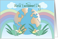 Hand Lettered World Environment Day with Globe Rainbows and Foliage card