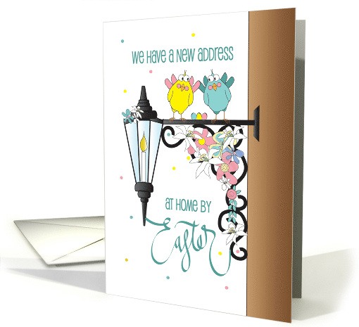 Hand Lettered New Address for Easter Two Birds on Porch Light card