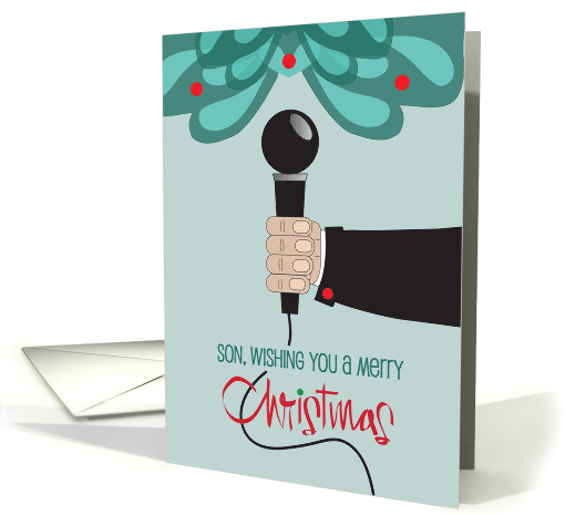 Hand Lettered Christmas for Son Stand Up Comedian with Microphone card