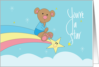 Hand Lettered Good Grades You’re a Star Boy Bear Riding Rainbow Star card
