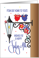 Hand Lettered From Our Home to Yours Fourth of July Porch Light Birds card